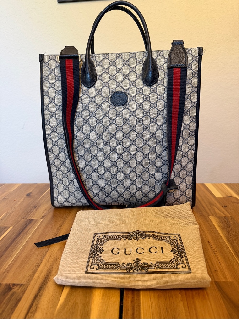 Gucci Beige/Navy GG Supreme Canvas Tote with Red/Blue Web Strap